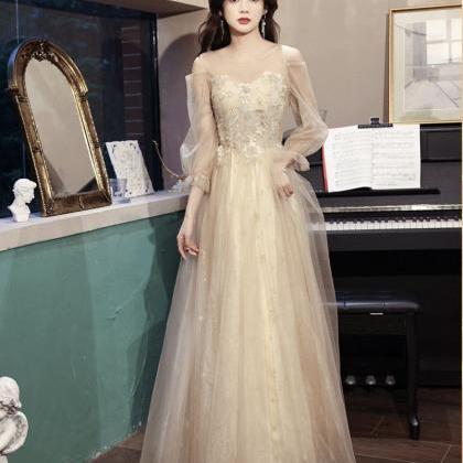 Champagne Bridesmaid Dress, Long-sleeve Prom..