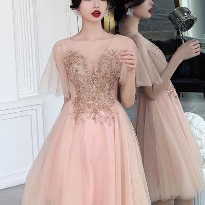 Little Pink Homecoming Dress, V-neck Bridesmaid..