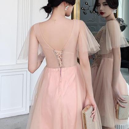 Little Pink Homecoming Dress, V-neck Bridesmaid..