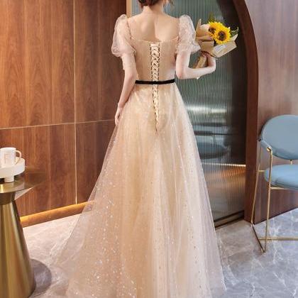 Elegant Evening Dress, Short Sleeve Starry Party..