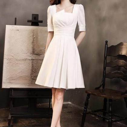Short Sleeve Formal Dress, White Party Dress,daily..