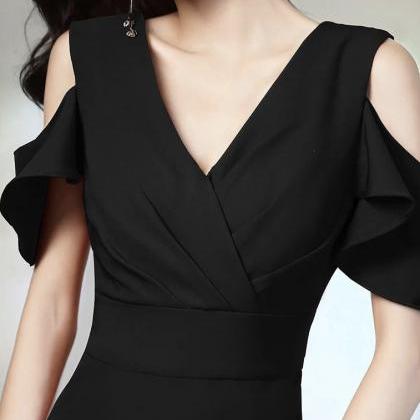 Black Evening Dress, V-neck Party Dress,custom..