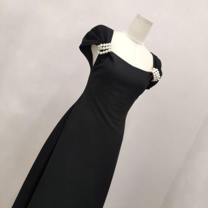 Black, Pearl Button-down, Elegant Half-sleeve Prom..