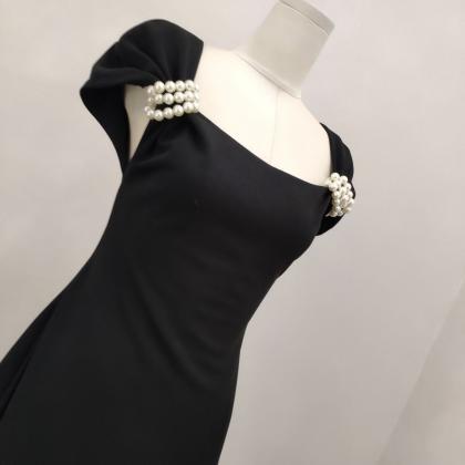 Black, Pearl Button-down, Elegant Half-sleeve Prom..