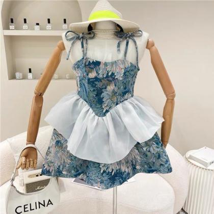 Blue printed spaghetti strap dress,..