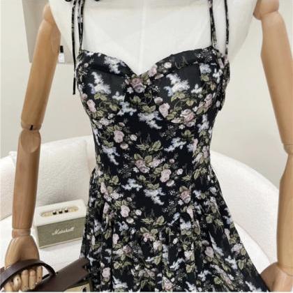 Black Floral Halter Pleated Dress, Summer,..