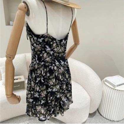 Black Floral Halter Pleated Dress, Summer,..