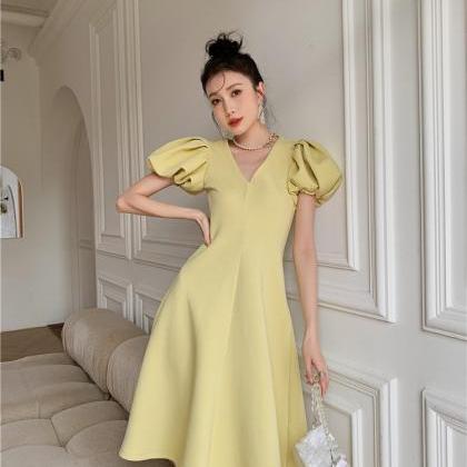 Light Yellow V-neck Dress, Midi Bubble Sleeves,..
