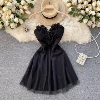 Sweet,applique Flowers, V-neck Mini Dress,..