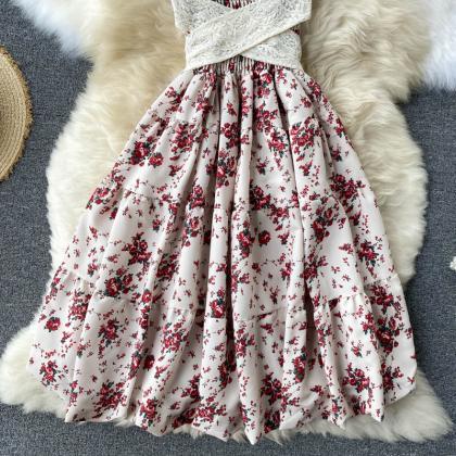Sweet Floral Dress, Spaghetti Trap Dress With Lace..