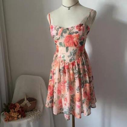 Romantic, Floral Print Dress, High Waist A-line..
