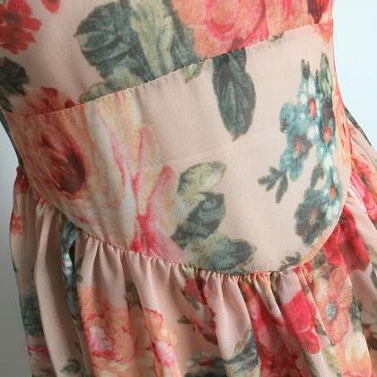 Romantic, Floral Print Dress, High Waist A-line..
