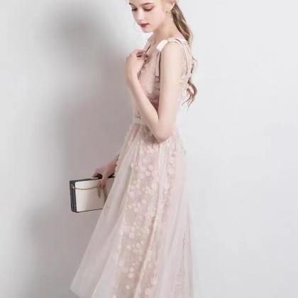 Deep V, Hollow Pink, Lace Dress, Temperament..