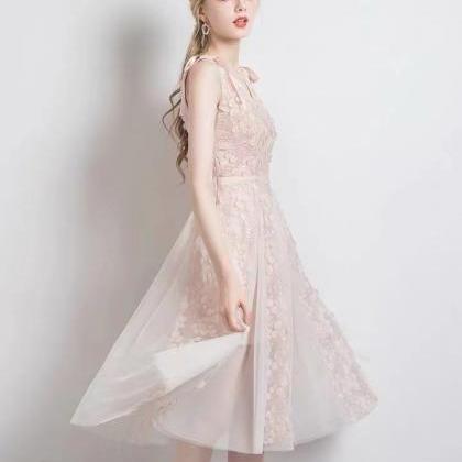 Deep V, Hollow Pink, Lace Dress, Temperament..