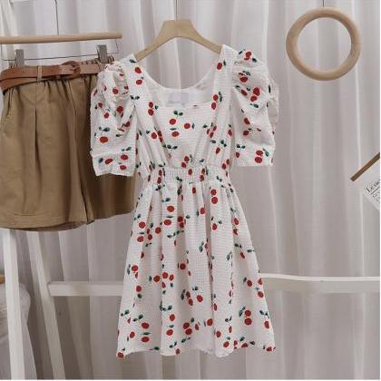 Gentle Style, Cherry Dress, Summer,square Neck,..
