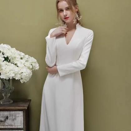 Unique, Stand Collar, Simple White Dress, Satin..