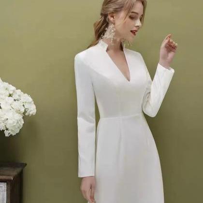 Unique, Stand Collar, Simple White Dress, Satin..