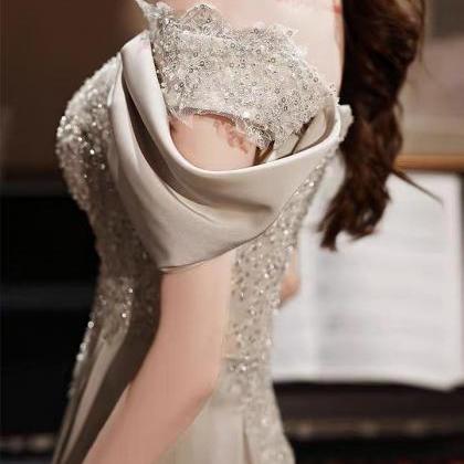 Champagne Evening Gown, Off-the-shoulder High..