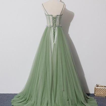Green Tulle Lace Long Prom Dress ,spaghetti Strap..