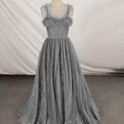 Gray Sweetheart Neck Evening Dress, Tulle Lace..