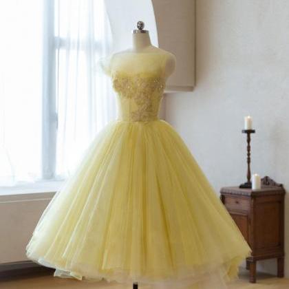 Yellow Tulle Party Dress,beads Short Prom Dress..