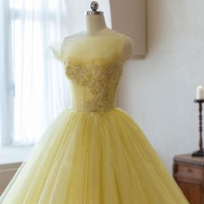 Yellow Tulle Party Dress,beads Short Prom Dress..