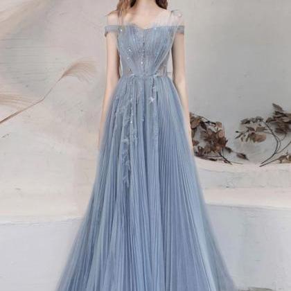 Blue Tulle Lace Party Dress,off Shoulder Long Prom..