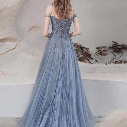 Blue Tulle Lace Party Dress,off Shoulder Long Prom..
