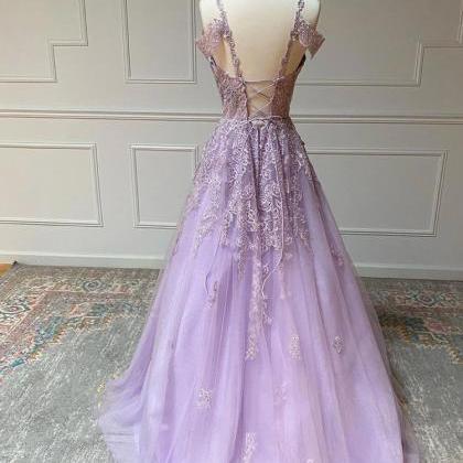 Purple Tulle Long Prom Dresses ,a-line Custom..