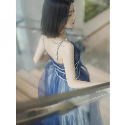 Blue Prom Dress, Sexy Halter Starry Sky Dress,..