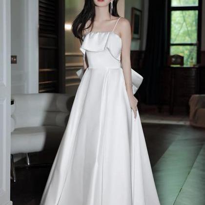 Simple white satin long prom dress,spaghetti strap  evening dress main image 1