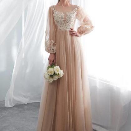 Champagne Long Sleeve Tulle Lace Appliques Prom..