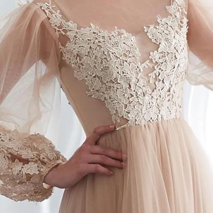 Champagne Long Sleeve Tulle Lace Appliques Prom..