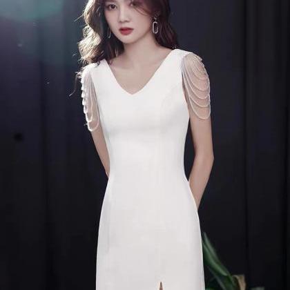 V-neck Evening Dress, Short White Sexy Birthday..