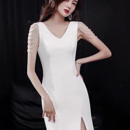 V-neck Evening Dress, Short White Sexy Birthday..
