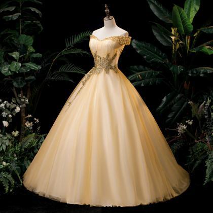 Champagne Evening Dress, Off Shoulder Ball Gown..