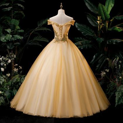 Champagne Evening Dress, Off Shoulder Ball Gown..
