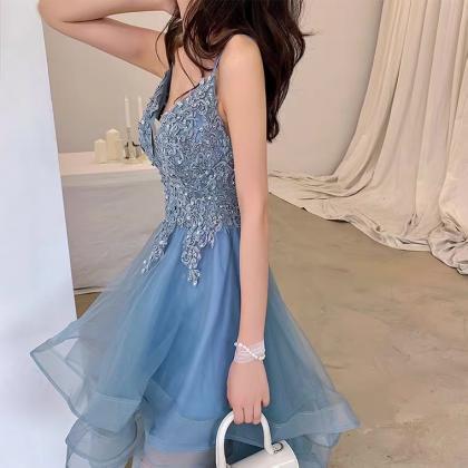 Blue Party Evening Dress, Short High Low Party..
