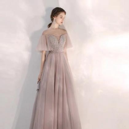 Flying Sleeves Prom Dress, Pink Party Dress..