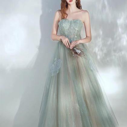 Light Green Evening Dress, Strapless Prom Dress,..