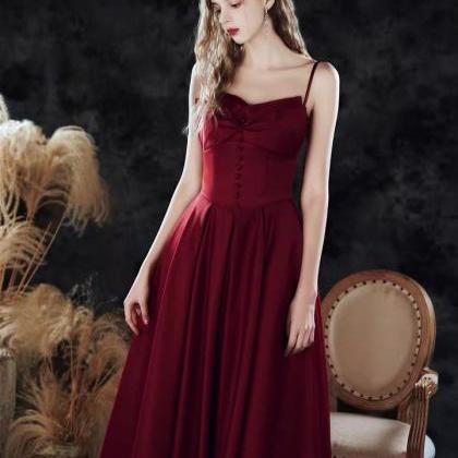 , Slim Satin Red Party Dress , Midi Birthday Prom..