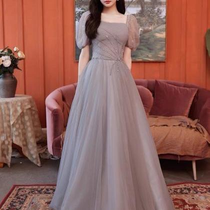 Short Sleeve Evening Dress, Gray Prom Dress,..