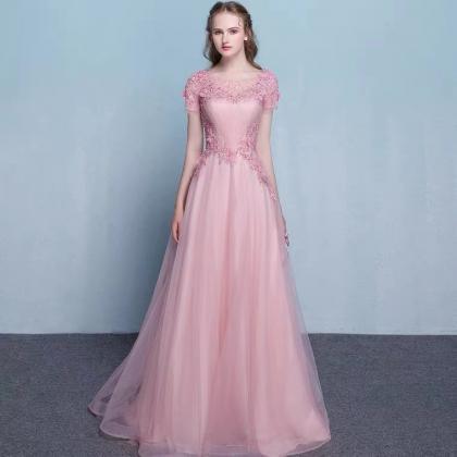 Pink Evening Dress, Short Sleeve Formal Dress,..