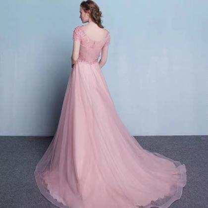 Pink Evening Dress, Short Sleeve Formal Dress,..