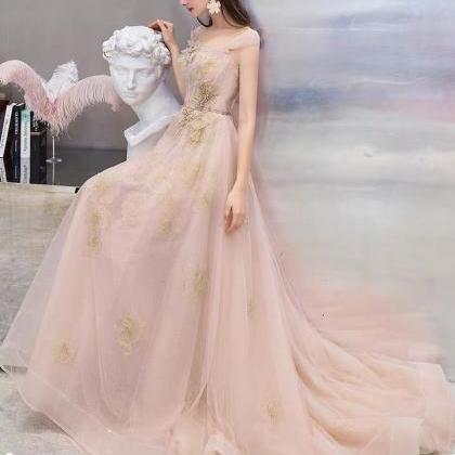 Pink Prom Dress, Off Shoulder Temperament Wedding..