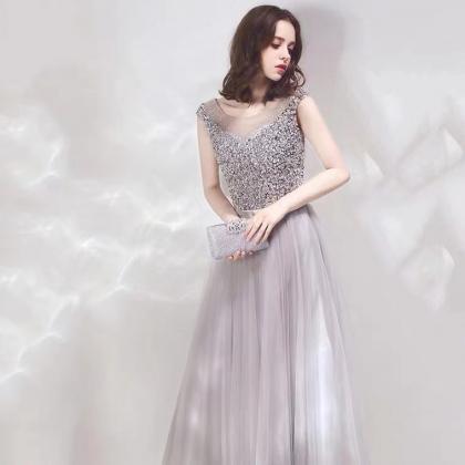 Silver Gray, Beaded Heavy Industry Prom Dress, Cap..