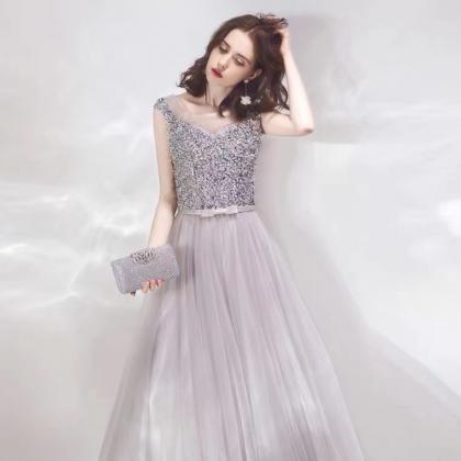 Silver Gray, Beaded Heavy Industry Prom Dress, Cap..