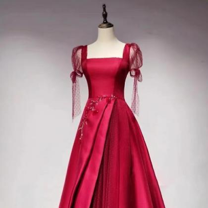 Burgundy Prom Dress, Square Collar Evening Dress,..
