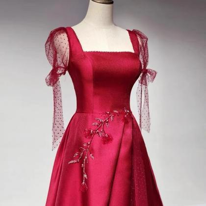 Burgundy Prom Dress, Square Collar Evening Dress,..