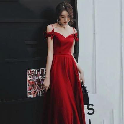 Satin Prom Dress, Off Shoulder Midi Dress, Red..